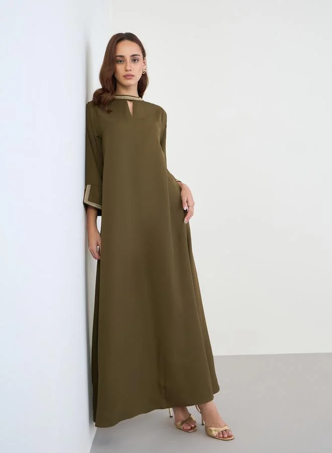 Amirah Olive Embroidered Neckline A-Line Jalabiya