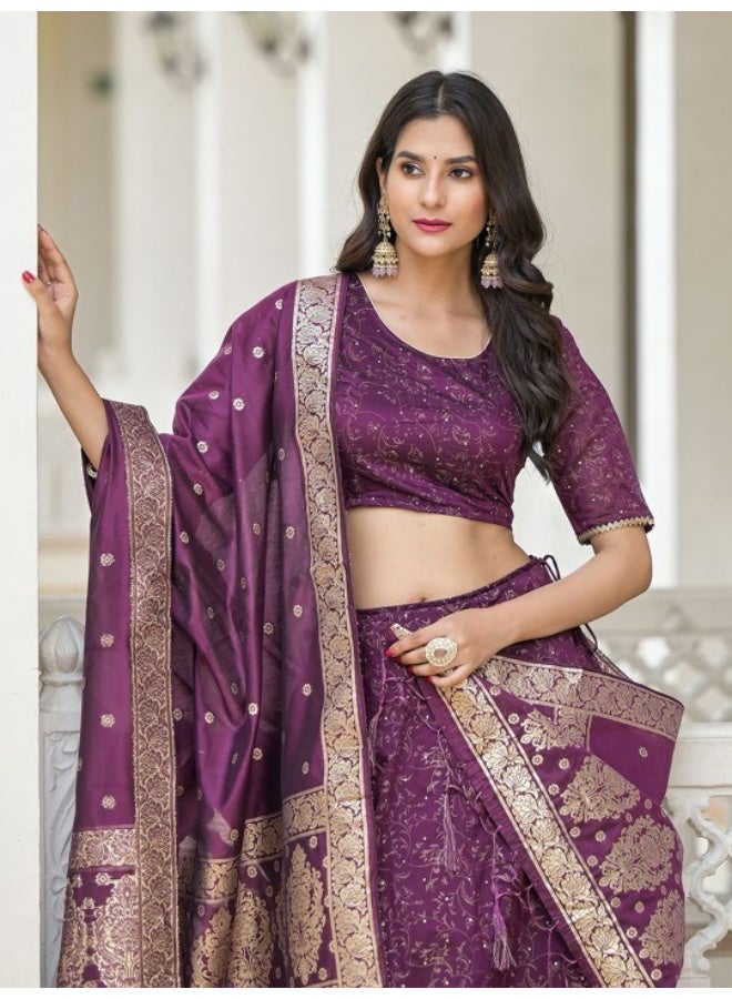 AKS Violet Color Chanderi Lehenga Choli With Gold print  - Image 1