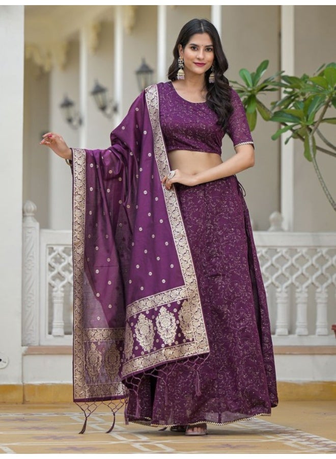AKS Violet Color Chanderi Lehenga Choli With Gold print  - Image 2