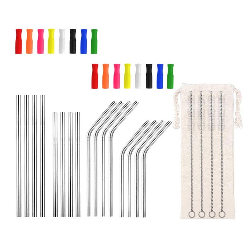 Lazycorner 16 Pcs Short Metal Straw, 6mm 5.5" 6.5" Kids Reusable Straw Silicone Tips Cleaner, Mini Small Stainless Steel Straws Fit 8 10 12 oz Tumbler/Wine Tumblers, Reusable Cocktail Straws(Silver) - Image 1