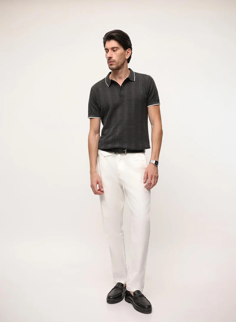 Dennis Lingo Grey Melange 100% Cotton Textured Relaxed Polo T-Shirt For Men