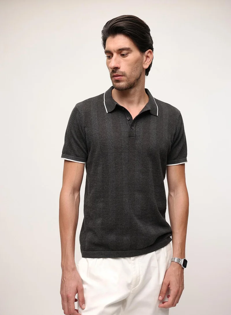 Dennis Lingo Grey Melange 100% Cotton Textured Relaxed Polo T-Shirt For Men