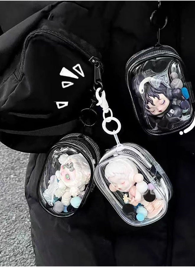 ZVEV Clear Figure Display Box with Keychain, 3PCS PVC Doll Bag Keychain Charms with Pompom Ball for Collectibles, Dustproof Waterproof Small Doll Storage Bag Hanging Organizer Zipper Case - Image 3