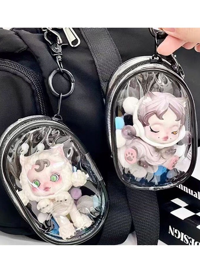 ZVEV Clear Figure Display Box with Keychain, 3PCS PVC Doll Bag Keychain Charms with Pompom Ball for Collectibles, Dustproof Waterproof Small Doll Storage Bag Hanging Organizer Zipper Case - Image 1