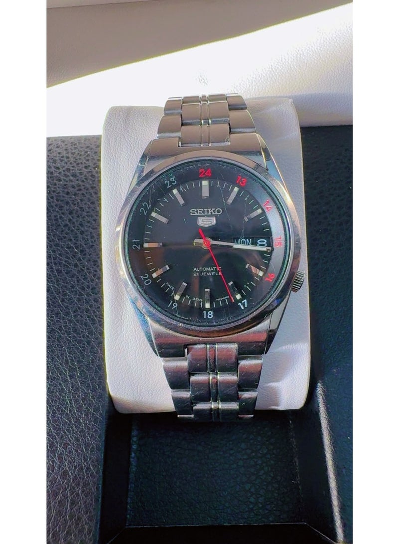 Seiko 5 Automatic 21 Jewels Men's Stainless Steel Watch – Black Dial with Day/Date Display – Pre-Owned (Like New Condition) - Image 1