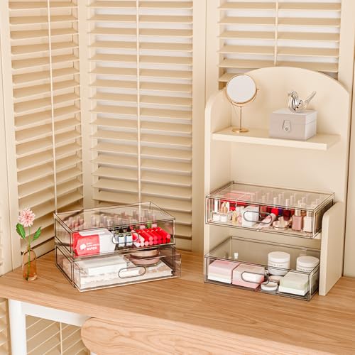 Aurblozen 2 Pack Clear Makeup Storage Drawer, 12''W Stackable Bathroom Organizers and Storage Drawer, Acrylic Cosmetic Display Case For Vanity, Undersink, Cabinets, Desk Organizer - Image 2