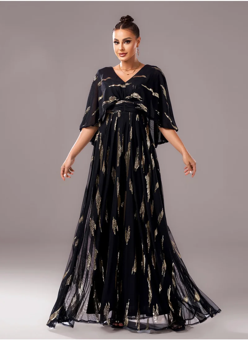 Madam Uniq New Elegant V-Neck Puff Sleeve Sequin Evening Gown