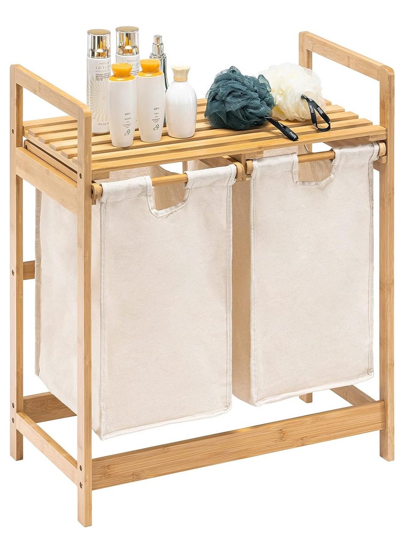 YIM-VIBEHAUS Bamboo Laundry Basket with 2 Collapsible Pull-Out Laundry Bags, Storage Organizer Laundry Hamper for Bedroom, Bathroom, Laundry Room, 73 x 64 x 33 cm, Beige - Image 1