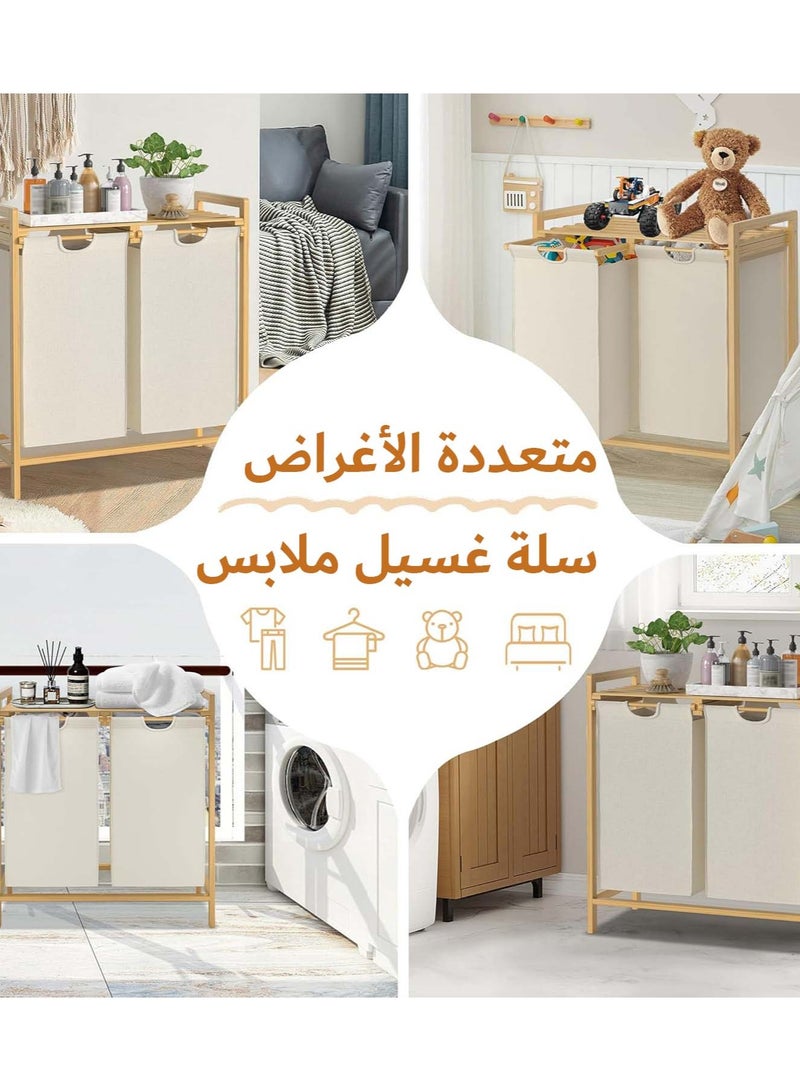 YIM-VIBEHAUS Bamboo Laundry Basket with 2 Collapsible Pull-Out Laundry Bags, Storage Organizer Laundry Hamper for Bedroom, Bathroom, Laundry Room, 73 x 64 x 33 cm, Beige - Image 5