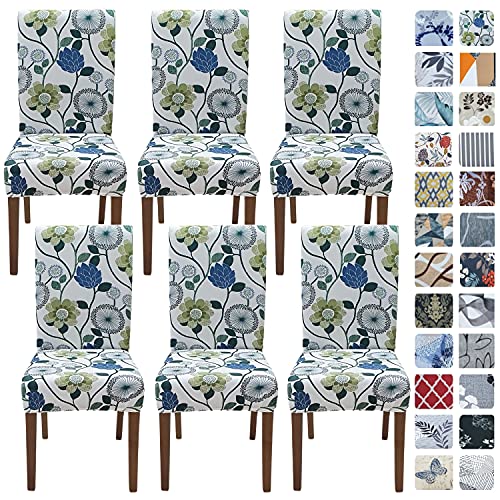 SPRINGRICO White Chair Covers for Dining Room 6 Pack, Stretch Floral Dining Chair Cover, Washable Spandex Kitchen Parsons Chair Slipcovers, Seat Protector for Home or Party (Set of 6, FLORAL3) - Image 1