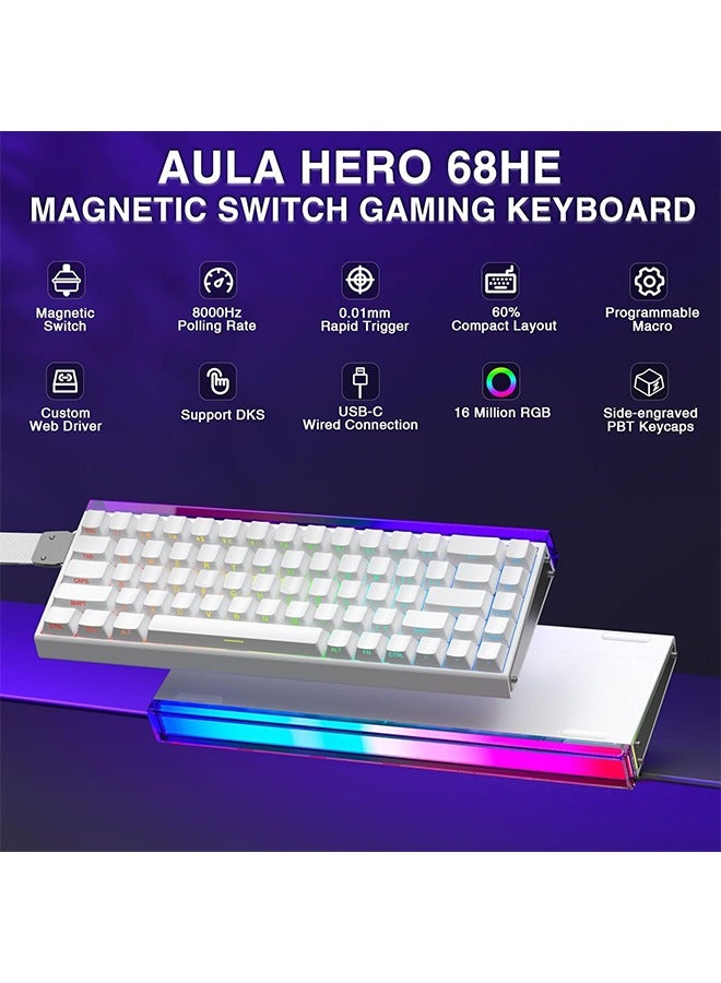 لوحة مفاتيح ألعاب سلكية AULA HERO 68 HE 60%، لوحة مفاتيح مغناطيسية بتأثير هول مع تشغيل قابل للتعديل، وضع تشغيل سريع، معدل استطلاع 8 كيلو هرتز، زمن انتقال 0.125 مللي ثانية، أغطية مفاتيح PBT مطبوعة جانبية، إضاءة خلفية RGB
