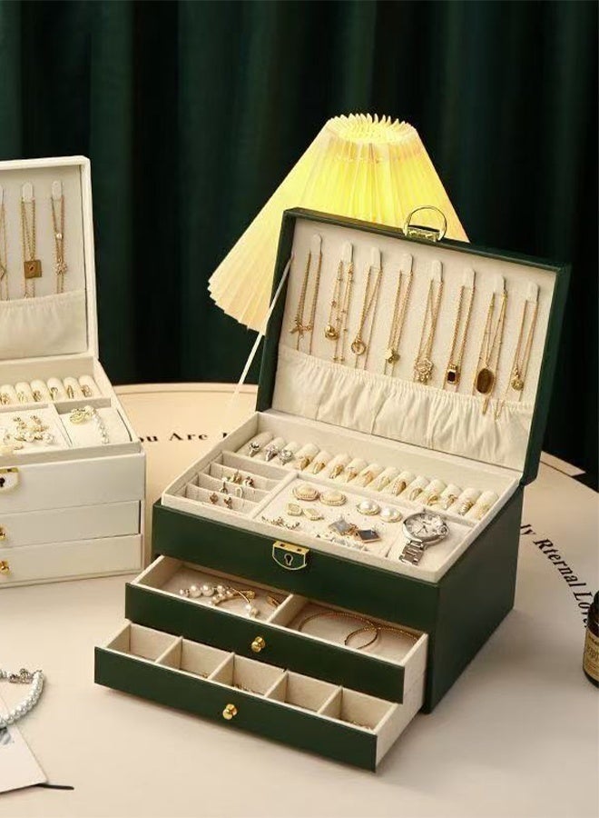 Bukela 3-Layer Lockable Jewelry Organizer Box in Dark Green, Multi-Functional Necklace, Earring, Bracelet & Ring Storage Case, Dustproof and Secure for Home and Travel - Image 5