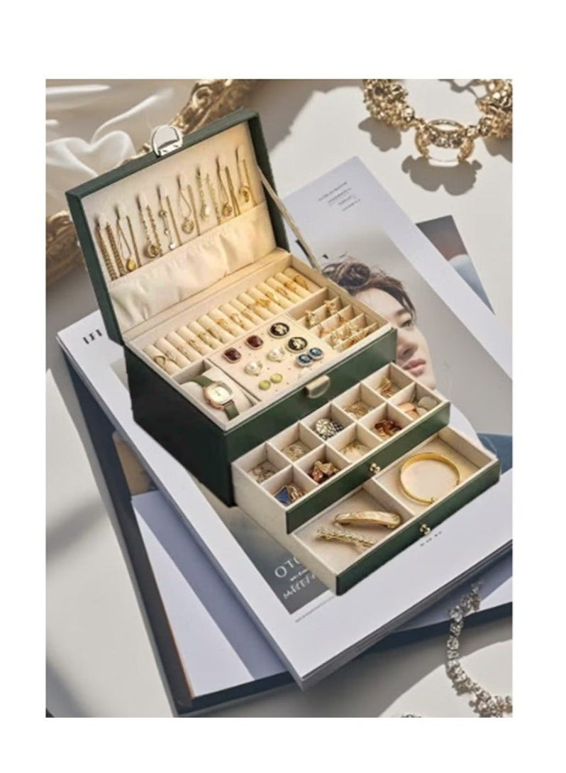 Bukela 3-Layer Lockable Jewelry Organizer Box in Dark Green, Multi-Functional Necklace, Earring, Bracelet & Ring Storage Case, Dustproof and Secure for Home and Travel - Image 2
