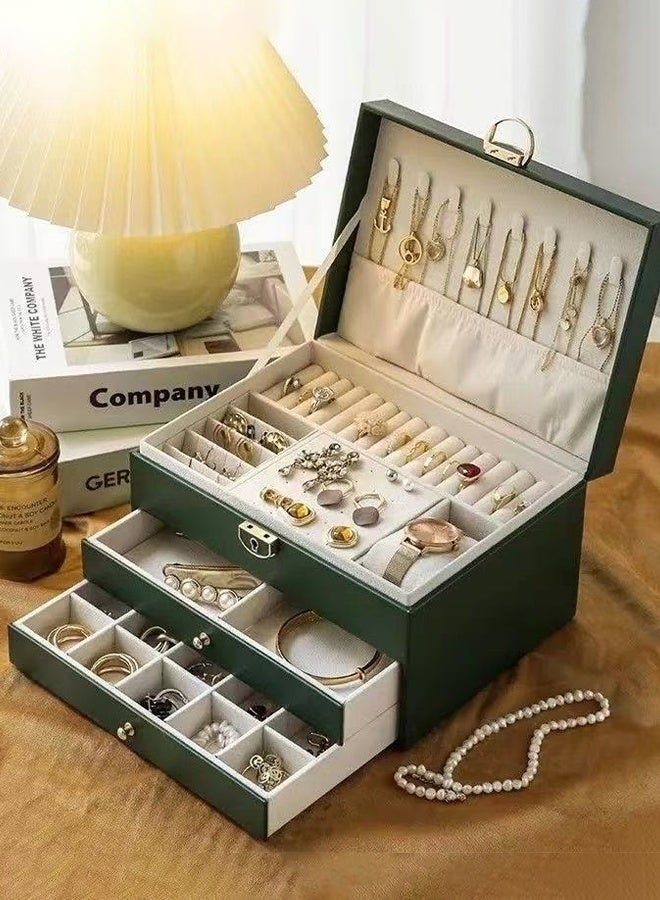 Bukela 3-Layer Lockable Jewelry Organizer Box in Dark Green, Multi-Functional Necklace, Earring, Bracelet & Ring Storage Case, Dustproof and Secure for Home and Travel - Image 4