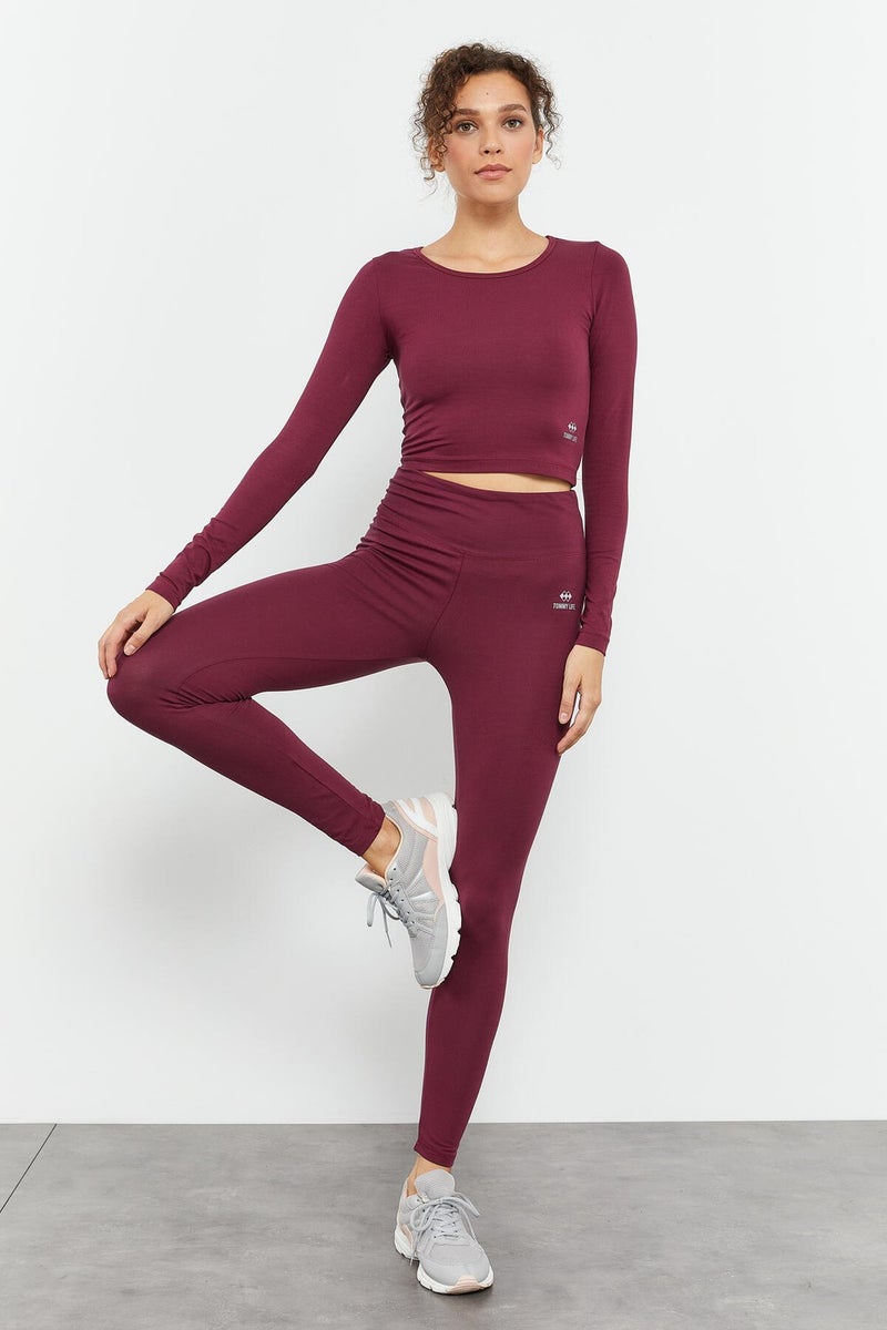 Tommy Life Claret Red Women's High Waist Long Sleeve Slim Fit Crop Top Leggings Set - 95286  - Image 4