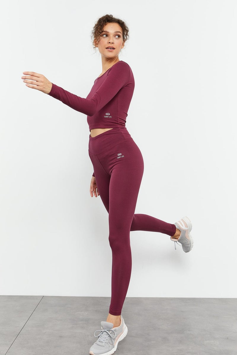 Tommy Life Claret Red Women's High Waist Long Sleeve Slim Fit Crop Top Leggings Set - 95286  - Image 1