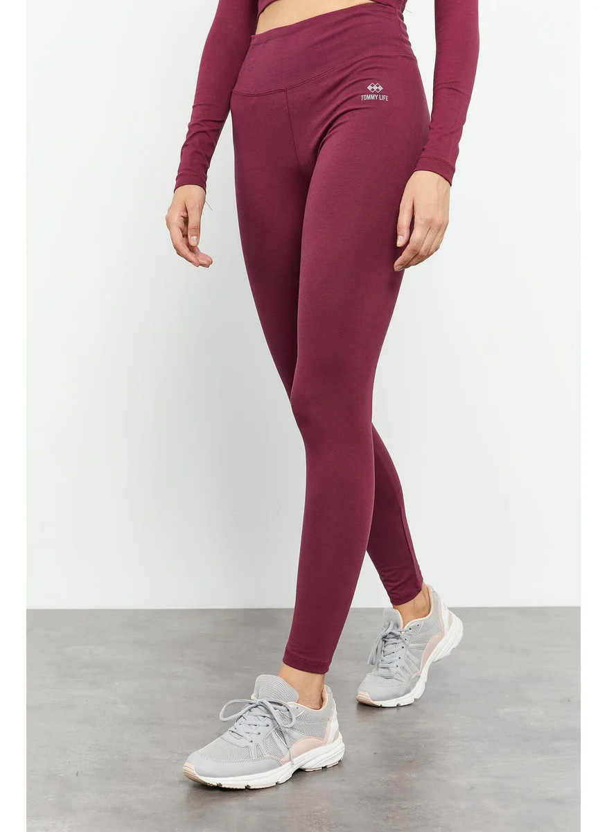 Tommy Life Claret Red Women's High Waist Long Sleeve Slim Fit Crop Top Leggings Set - 95286