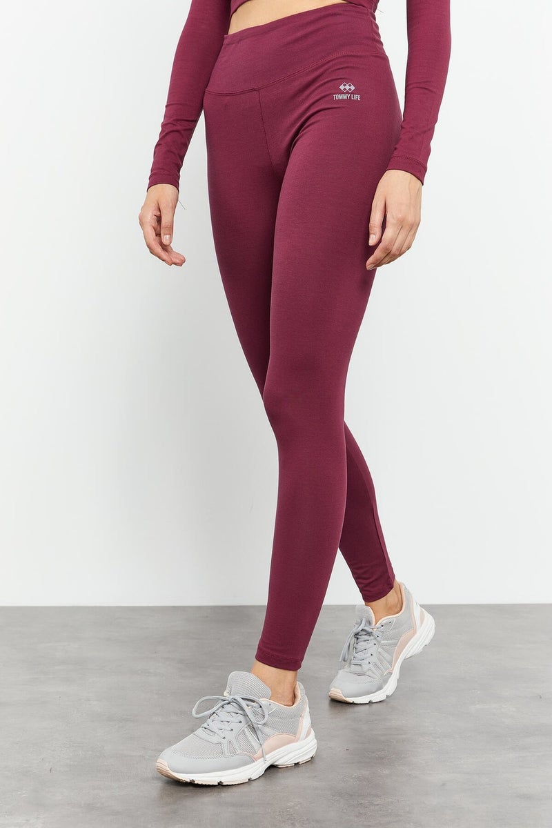 Tommy Life Claret Red Women's High Waist Long Sleeve Slim Fit Crop Top Leggings Set - 95286  - Image 2
