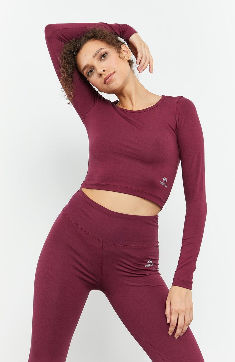 Tommy Life Claret Red Women's High Waist Long Sleeve Slim Fit Crop Top Leggings Set - 95286  - Image 3