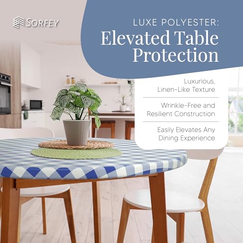 Sorfey Round Tablecloth of Polyester -Fitted with Elastic, Water Proof, Washable, Fits for Table 60 Inches Round, Checked Green Design, for Indoor/Outdoor Kitchen and Picnic and More... - Image 4