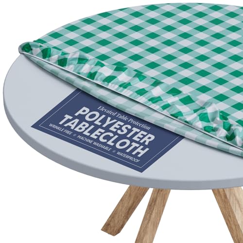 Sorfey Round Tablecloth of Polyester -Fitted with Elastic, Water Proof, Washable, Fits for Table 60 Inches Round, Checked Green Design, for Indoor/Outdoor Kitchen and Picnic and More... - Image 1