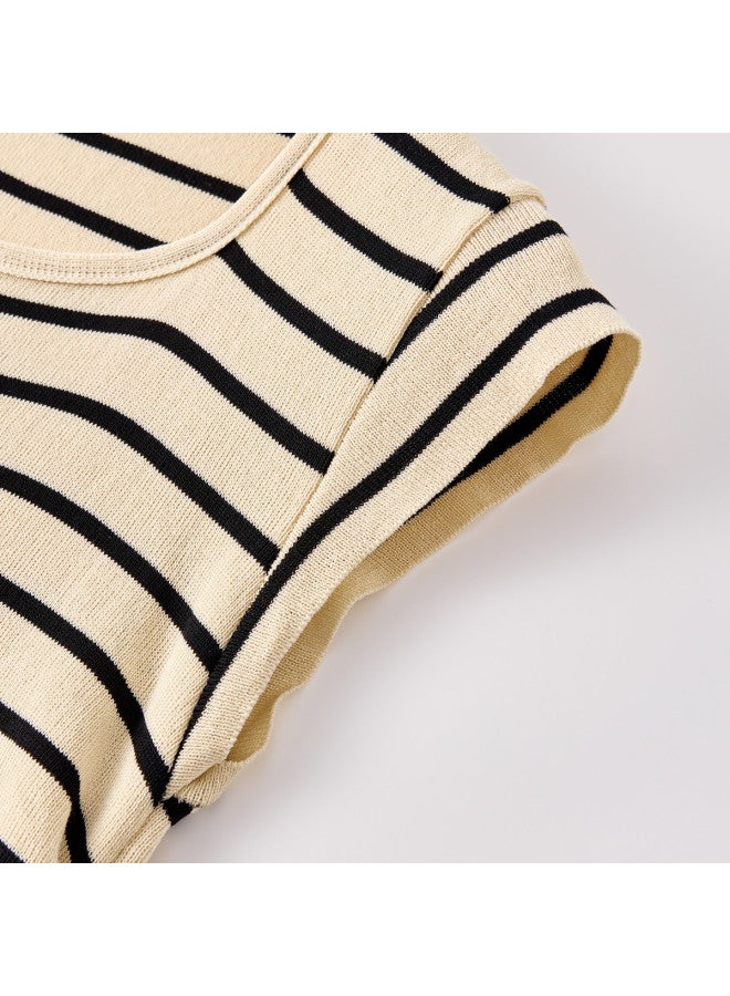 PLANDOO Short Crop Top For Women, Striped Knitted Shirt With Ruffles For A Slimming Effect, Spring And Autumn Style - Image 4