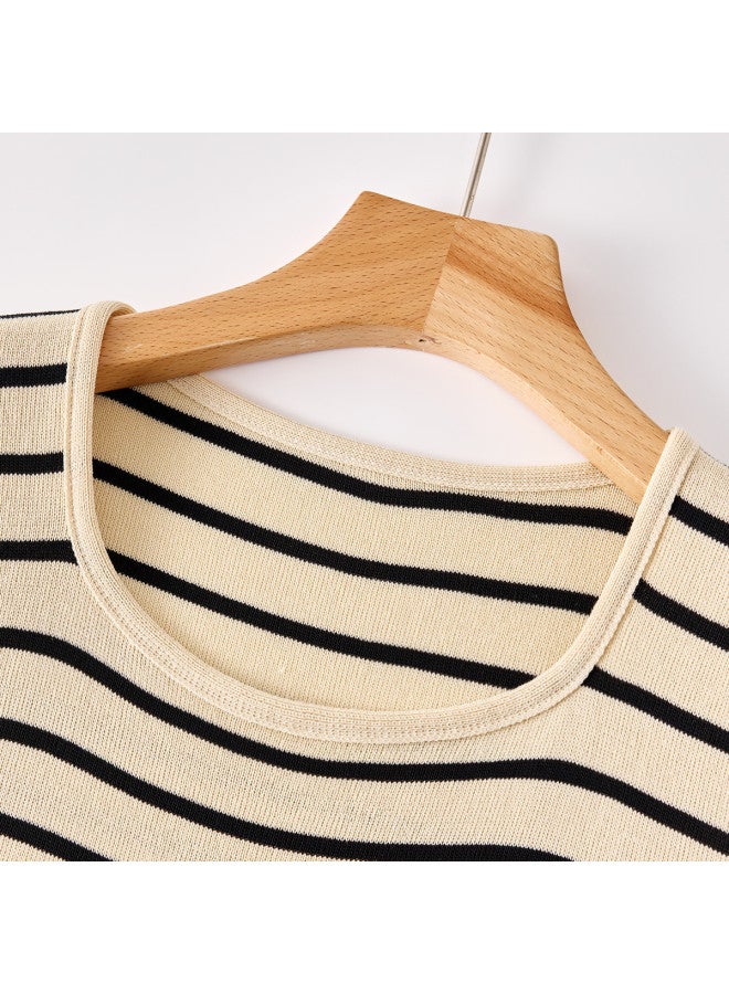 PLANDOO Short Crop Top For Women, Striped Knitted Shirt With Ruffles For A Slimming Effect, Spring And Autumn Style - Image 3
