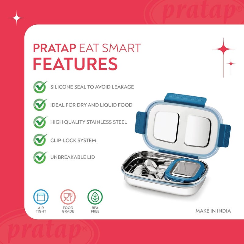 Pratap PRATAP Leak Proof Airtight BPA Free Eat Smart Premium Stainless Steel Lunch Tiffin Box Set with Steel Spoon 4 Side Clip Lock Lid for Office & School Use Kids Women Men (Blue, 840 ml & 190 ml)  - Image 4
