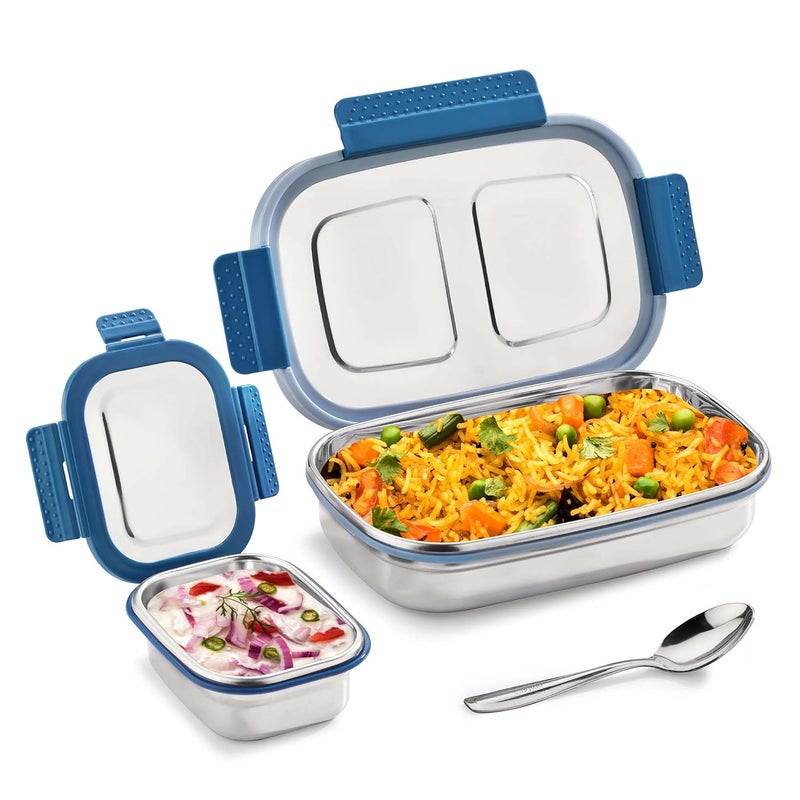 Pratap PRATAP Leak Proof Airtight BPA Free Eat Smart Premium Stainless Steel Lunch Tiffin Box Set with Steel Spoon 4 Side Clip Lock Lid for Office & School Use Kids Women Men (Blue, 840 ml & 190 ml)  - Image 1