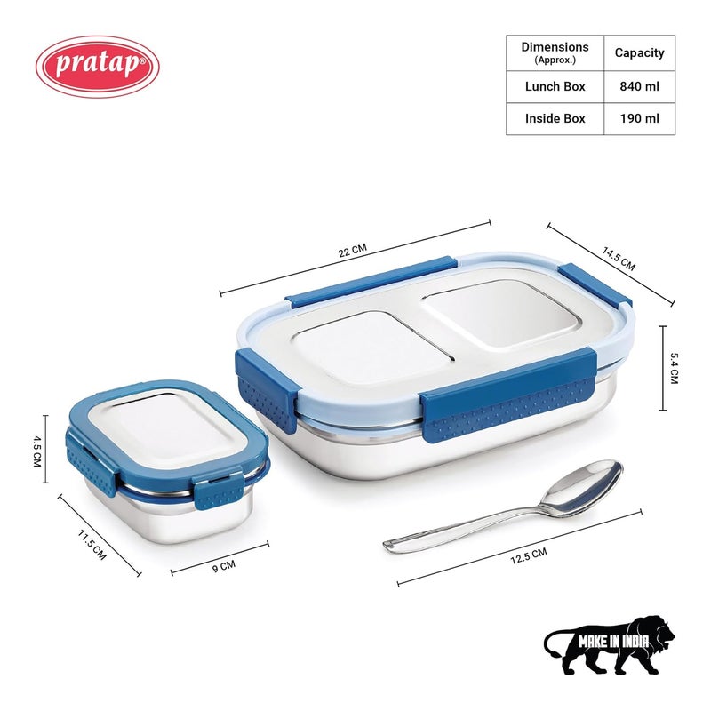 Pratap PRATAP Leak Proof Airtight BPA Free Eat Smart Premium Stainless Steel Lunch Tiffin Box Set with Steel Spoon 4 Side Clip Lock Lid for Office & School Use Kids Women Men (Blue, 840 ml & 190 ml)  - Image 2