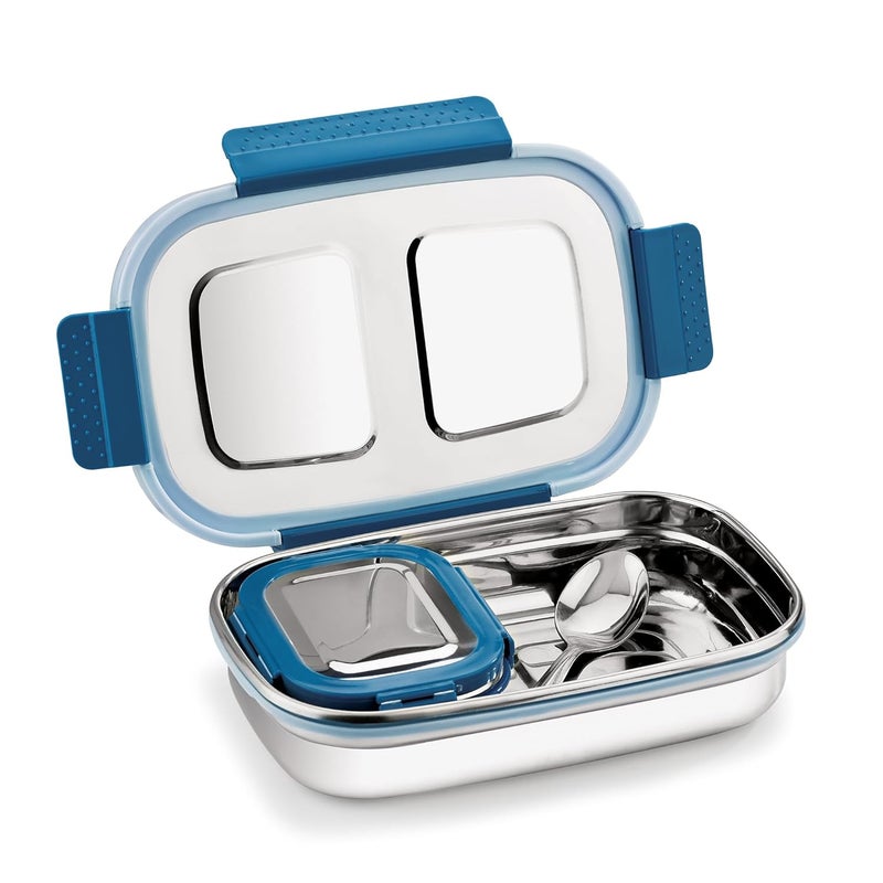 Pratap PRATAP Leak Proof Airtight BPA Free Eat Smart Premium Stainless Steel Lunch Tiffin Box Set with Steel Spoon 4 Side Clip Lock Lid for Office & School Use Kids Women Men (Blue, 840 ml & 190 ml)  - Image 5
