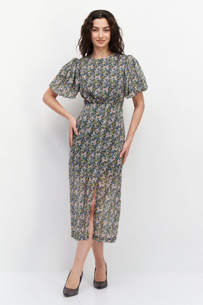 GHOSPELL Women Floral Printed Midi Dress, Black Combo - Image 1