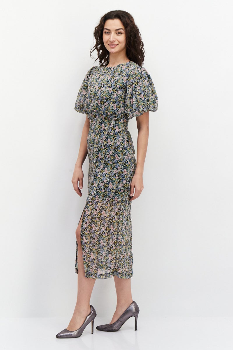 GHOSPELL Women Floral Printed Midi Dress, Black Combo - Image 2