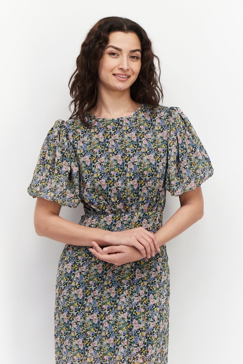 GHOSPELL Women Floral Printed Midi Dress, Black Combo - Image 3