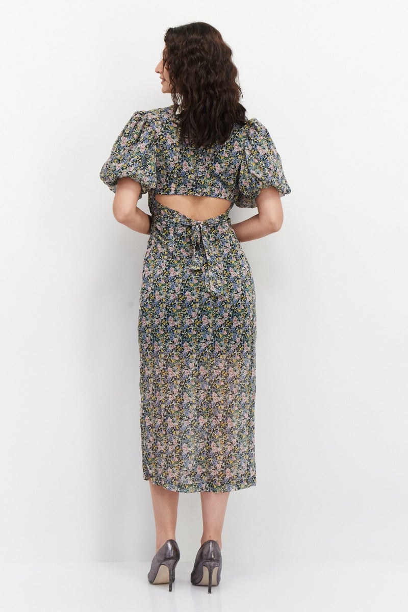 GHOSPELL Women Floral Printed Midi Dress, Black Combo - Image 4