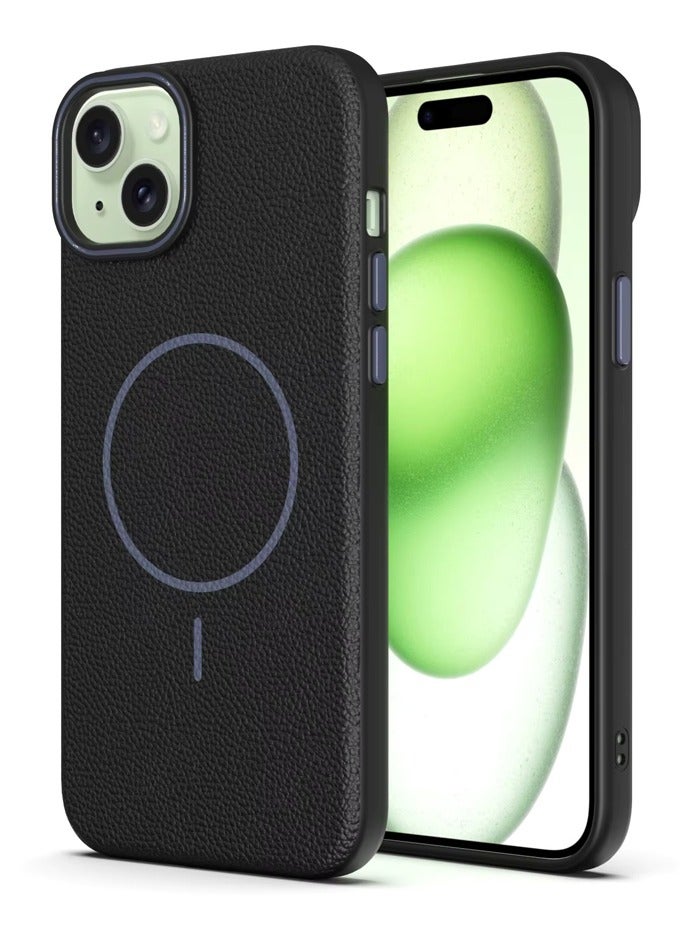 Magsafe Phone Case For iPhone 15 With High Quality Rubber Frame And Slim Lychee Pattern Leather Case with Camera Lens Protection Shockproof Cover And support wireless Charging Leather Cover for iPhone 15 - Black - Image 1
