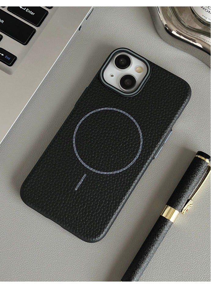 Magsafe Phone Case For iPhone 15 With High Quality Rubber Frame And Slim Lychee Pattern Leather Case with Camera Lens Protection Shockproof Cover And support wireless Charging Leather Cover for iPhone 15 - Black - Image 2