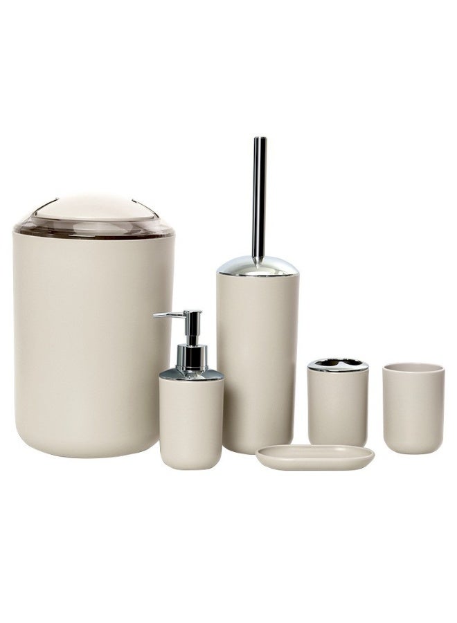 DUNISO 6 Pieces of Bathroom Accessories Set，Plastic Gift Set，Smooth Circular Electroplated Bathroom Set，With Trash Can, Soap Dish, Toilet Brush, Mouthwash Cup, Lotion Bottle, Toothbrush Holder，Off White - Image 1