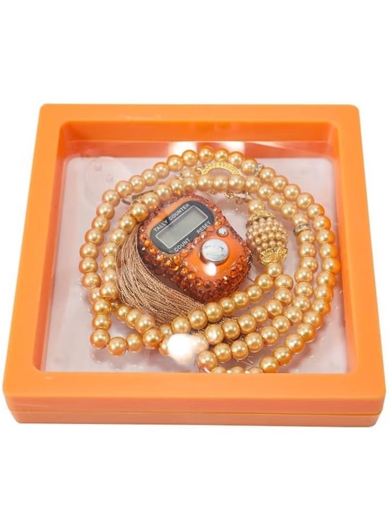 Huitich Digital Elegance 99 Glass Bead Tasbeeh Gift Set with Digital Counter Orange  - Image 1