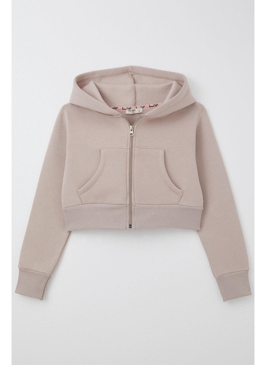Breeze - Girl Crop Cardigan Zippered Hooded 8-14 Years, Mink - Image 1