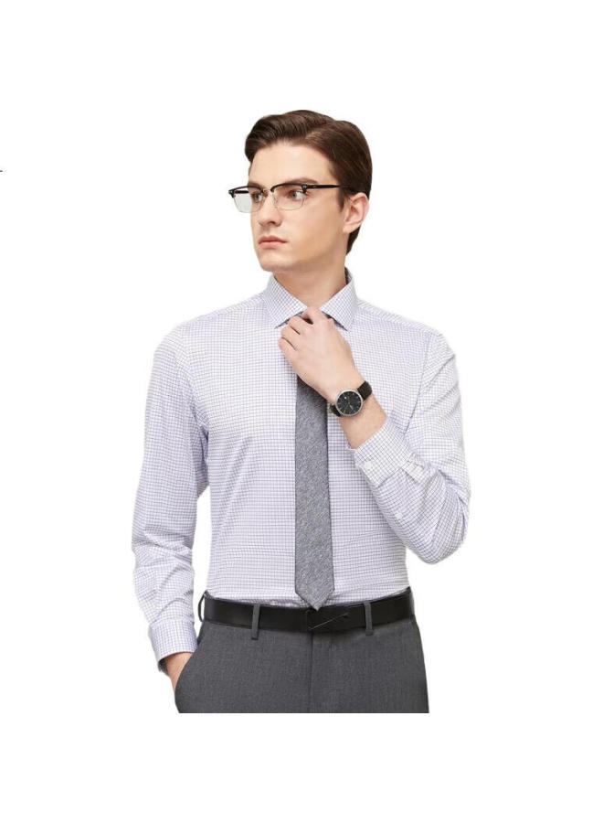 Youngor Men'S Shirt Spring/Summer Youth Men'S Business Casual Plaid Long Sleeve Shirt Blue 43 - Image 1
