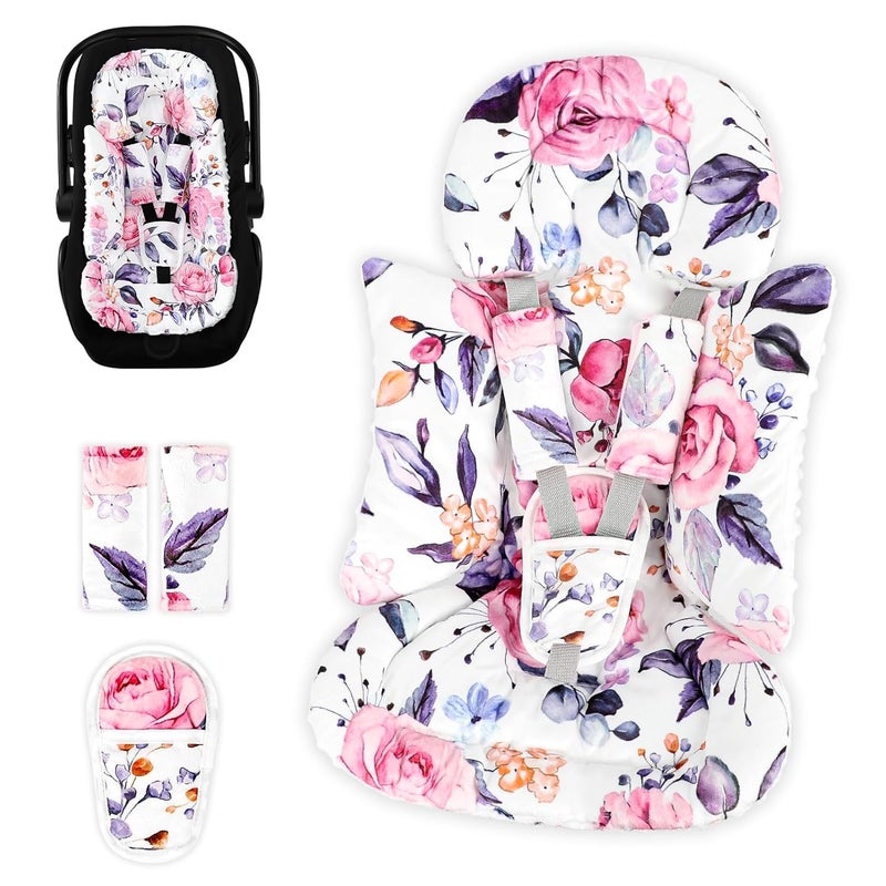 Pea Pod Infant Car Seat Insert with 3 Strap Covers 3 in 1 Reversible Floral Baby Car Seat Head Support for Newborn 3D Soft Minky Carseat Cushion for Preemie to Infant Stroller Swing Bouncer - Image 1
