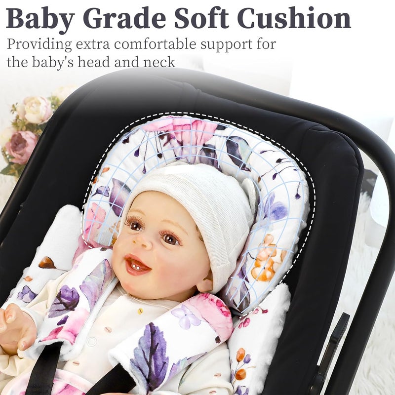 Pea Pod Infant Car Seat Insert with 3 Strap Covers 3 in 1 Reversible Floral Baby Car Seat Head Support for Newborn 3D Soft Minky Carseat Cushion for Preemie to Infant Stroller Swing Bouncer - Image 4
