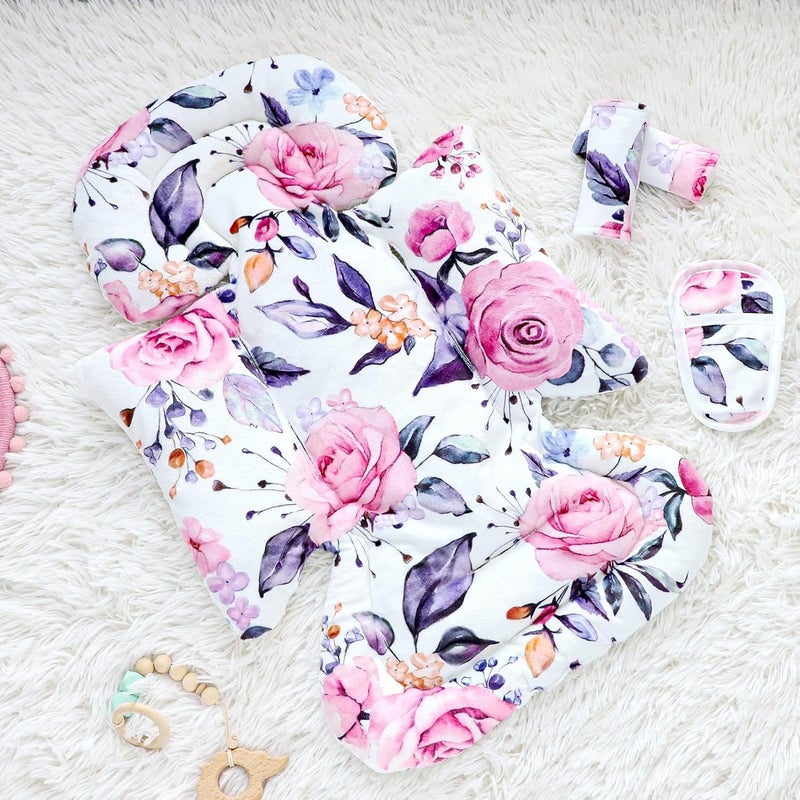 Pea Pod Infant Car Seat Insert with 3 Strap Covers 3 in 1 Reversible Floral Baby Car Seat Head Support for Newborn 3D Soft Minky Carseat Cushion for Preemie to Infant Stroller Swing Bouncer - Image 2