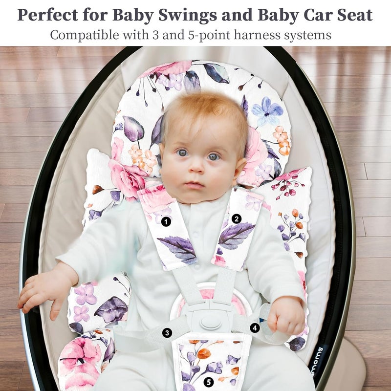 Pea Pod Infant Car Seat Insert with 3 Strap Covers 3 in 1 Reversible Floral Baby Car Seat Head Support for Newborn 3D Soft Minky Carseat Cushion for Preemie to Infant Stroller Swing Bouncer - Image 5