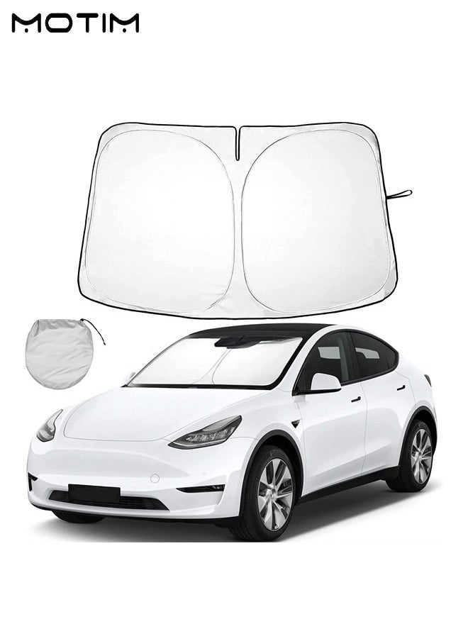 Motim Foldable Car Windshield Sunshade for Tesla Model Y/ 3/ S, Folding Sun Visor Protector with Storage Pouch, Heat Insulation Cover, Heat Blocking Shades Shading Rate 99%, Keep Car Cool  - Image 1
