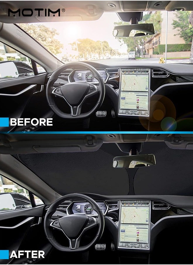 Motim Foldable Car Windshield Sunshade for Tesla Model Y/ 3/ S, Folding Sun Visor Protector with Storage Pouch, Heat Insulation Cover, Heat Blocking Shades Shading Rate 99%, Keep Car Cool  - Image 4