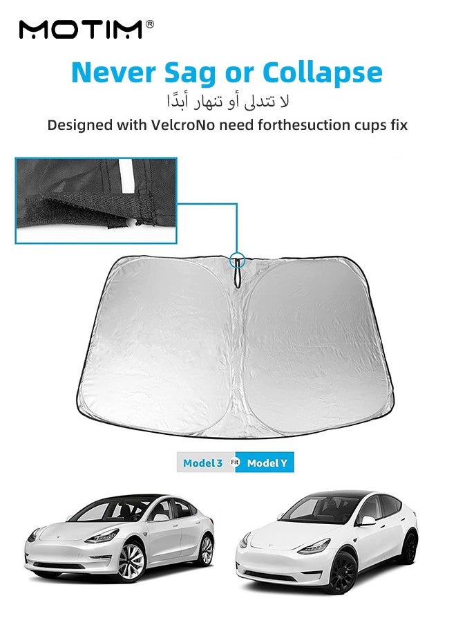 Motim Foldable Car Windshield Sunshade for Tesla Model Y/ 3/ S, Folding Sun Visor Protector with Storage Pouch, Heat Insulation Cover, Heat Blocking Shades Shading Rate 99%, Keep Car Cool  - Image 3