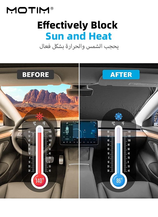 Motim Foldable Car Windshield Sunshade for Tesla Model Y/ 3/ S, Folding Sun Visor Protector with Storage Pouch, Heat Insulation Cover, Heat Blocking Shades Shading Rate 99%, Keep Car Cool  - Image 2