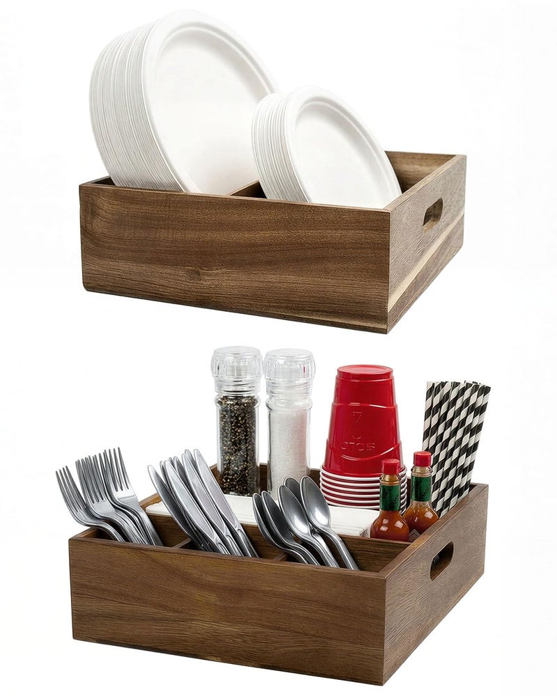 AMBER IMPRINT Acacia Wood Utensil Holder for Party (Set of 2) - 11" x 9.5" Utensil Caddy for Parties & Silverware Caddy for Countertop - Holds Plates, Napkins, Cups, Spoons, Forks - Kitchen Accessories - Image 1